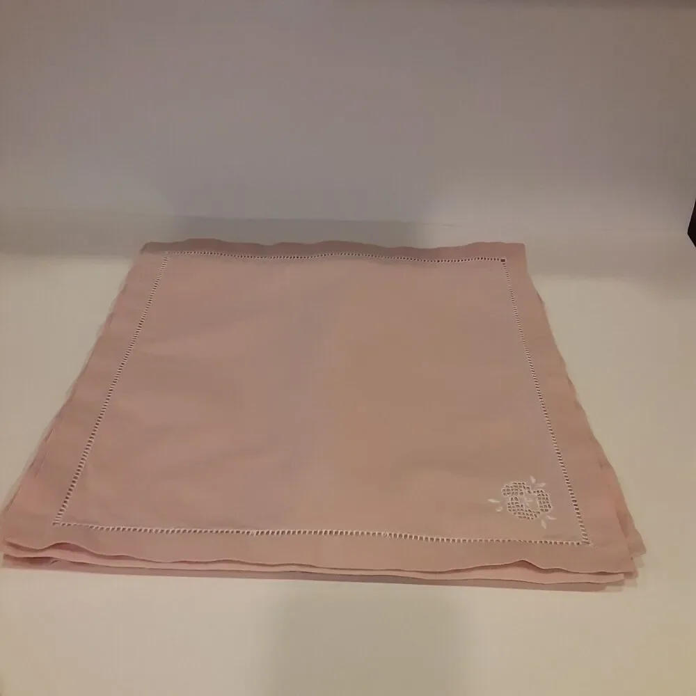 Vintage Tablecloth & Napkin Set Ladder Hemstitch & Floral Palest Pink Romantic